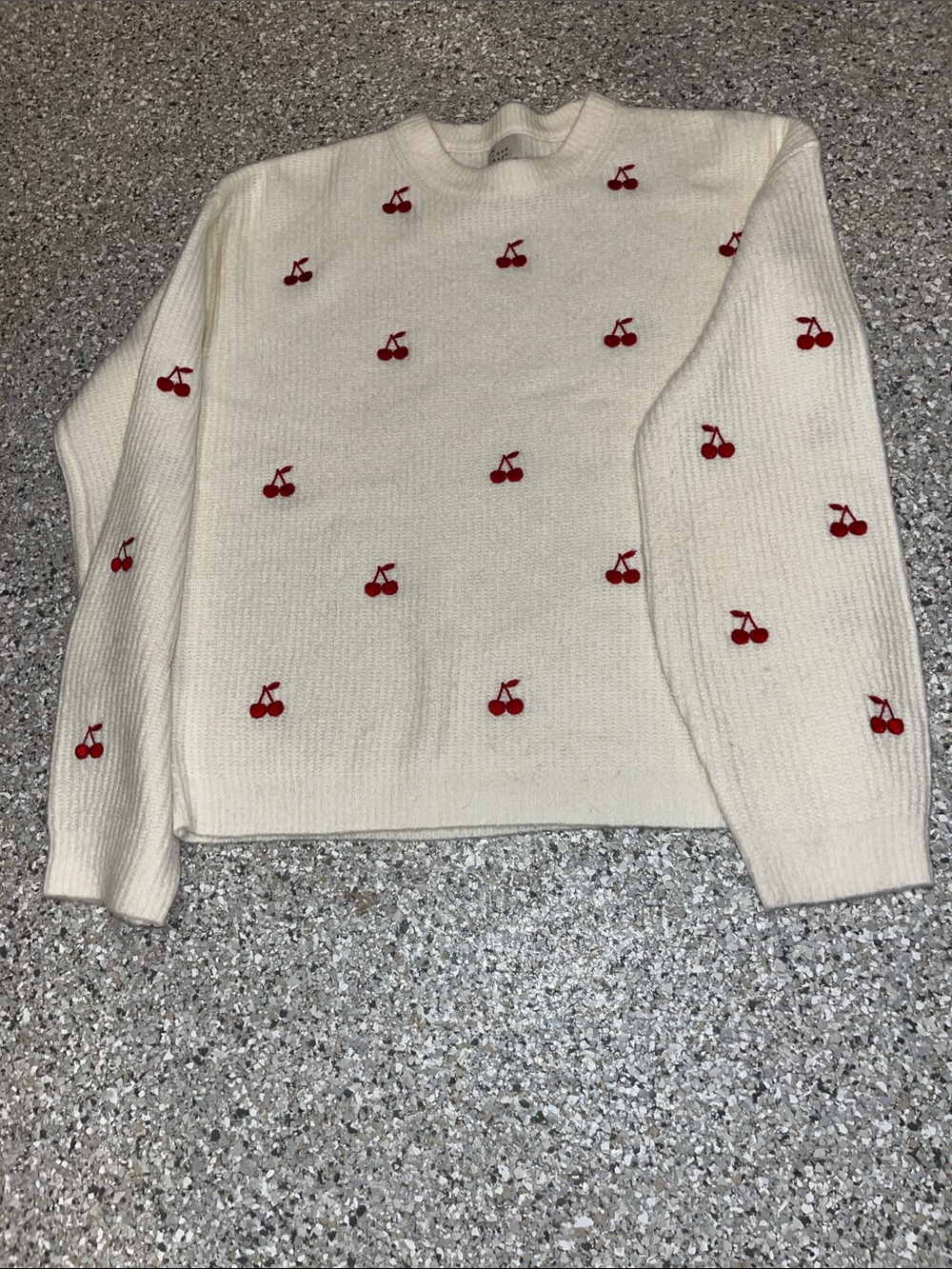 a new day Cream Crewneck Sweater with Red Cherry Embroidery